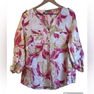 JM Collection Women 100% Linen Button Up Top Pink White Floral Size 16W